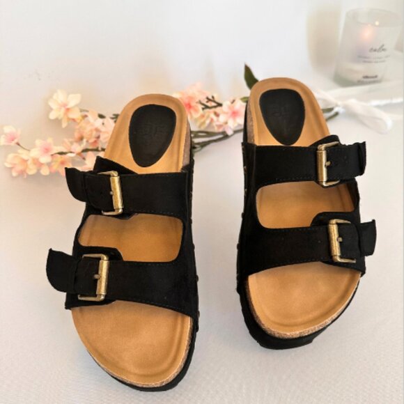 Black Platform Large Buckle Sandals, Size 9 - Picture 4 of 16